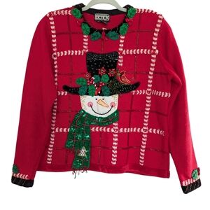 Vintage Berek Womens Red Christmas Sweater M Snowman Beaded Sequin Statement M